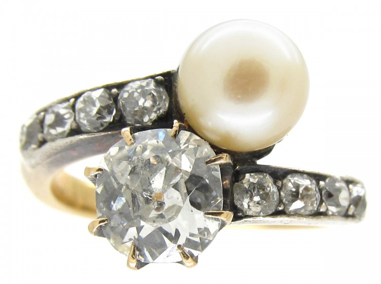 Art Nouveau Pearl & Diamond Crossover Ring