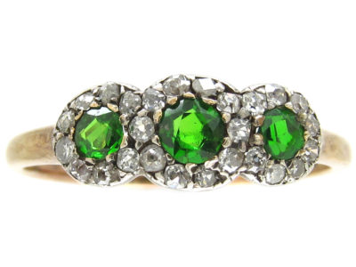 Green Garnet & Diamond Triple Cluster Edwardian Ring