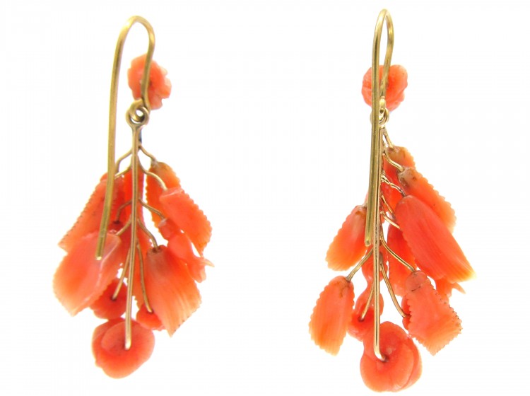 Carved Coral Flower Drop Earrings