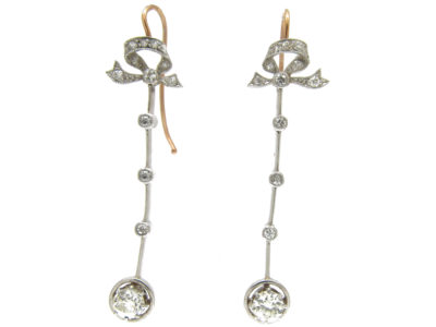 Edwardian Bow Top Platinum & Diamond Drop Earrings