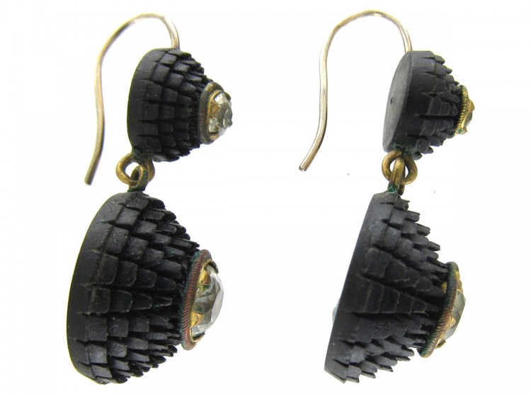 Victorian Carved Bog Oak & Paste Drop Earrings