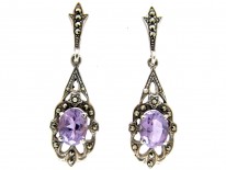 Silver Amethyst & Marcasite Drop Earrings