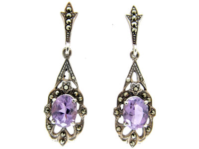 Silver Amethyst & Marcasite Drop Earrings