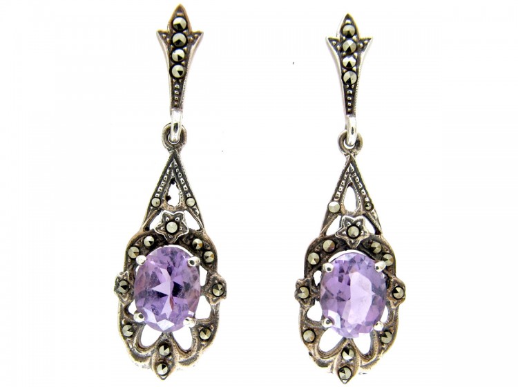 Silver Amethyst & Marcasite Drop Earrings