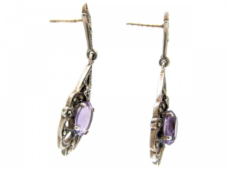 Silver Amethyst & Marcasite Drop Earrings