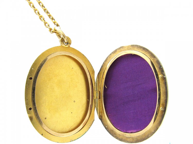 Russian Gold & Green Enamel Locket Pendant on Chain