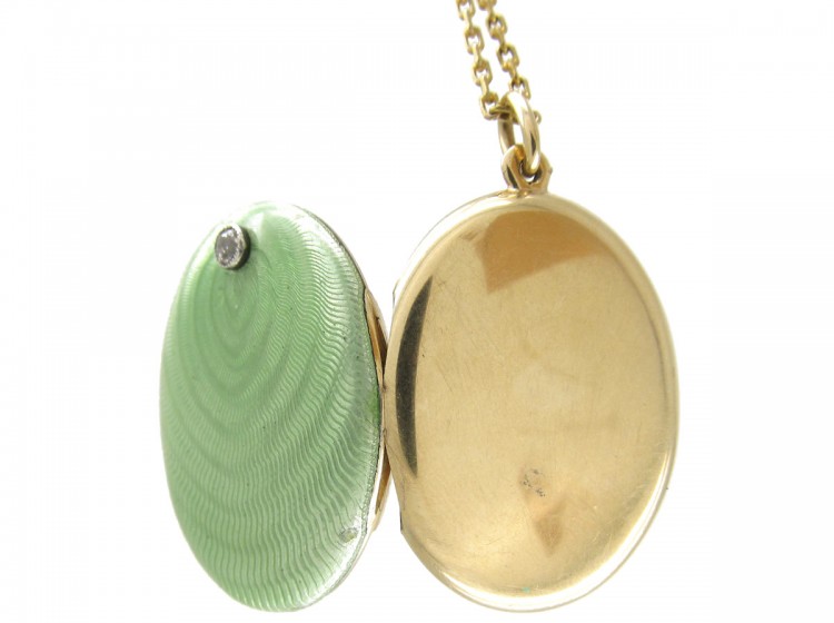 Russian Gold & Green Enamel Locket Pendant on Chain