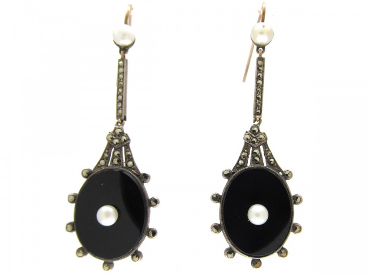 Art Deco Onyx Pearl & Marcasite Drop Earrings