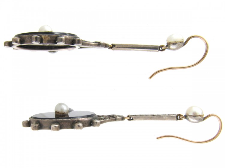 Art Deco Onyx Pearl & Marcasite Drop Earrings