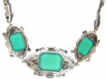 Green Chalcedony & Marcasite Art Deco Silver Necklace