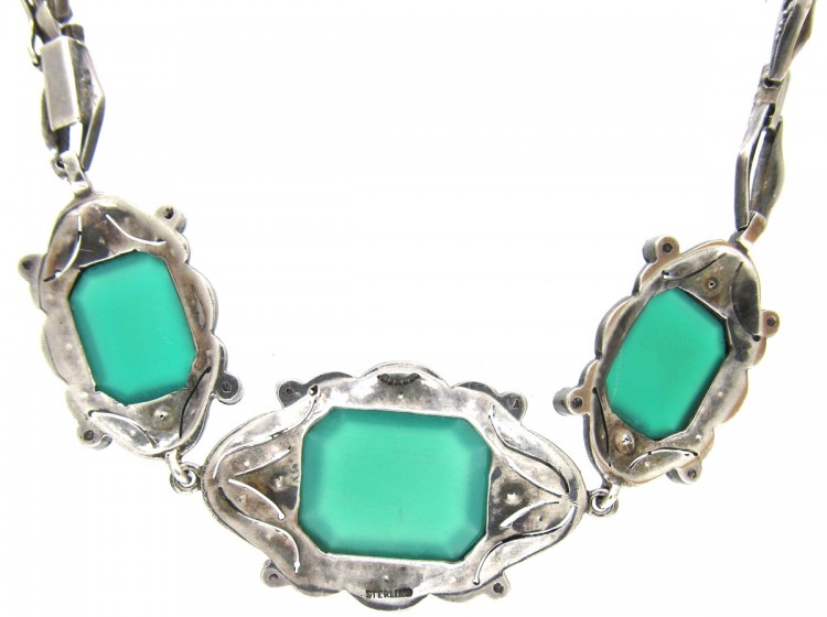 Green Chalcedony & Marcasite Art Deco Silver Necklace