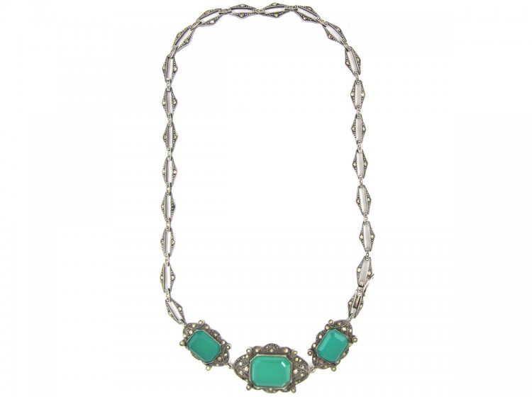 Green Chalcedony & Marcasite Art Deco Silver Necklace