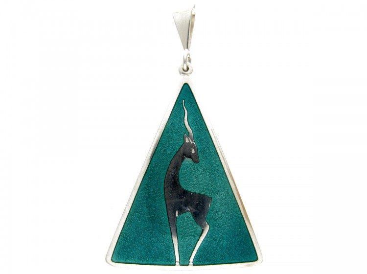 Silver & Green Enamel Pendant of an Oryx