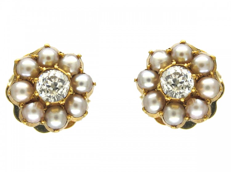 Natural Split Pearl & Diamond 18ct Gold Victorian Earrings