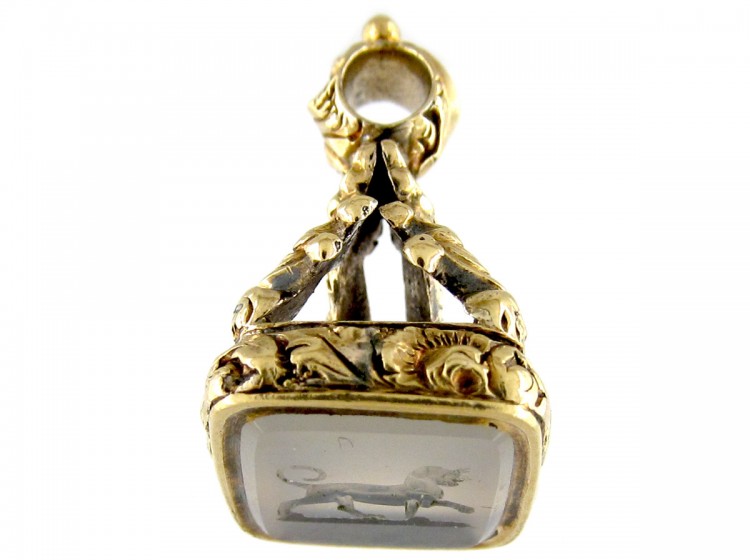 Georgian Gold Cased Seal with Chalcedony Dog Intaglio