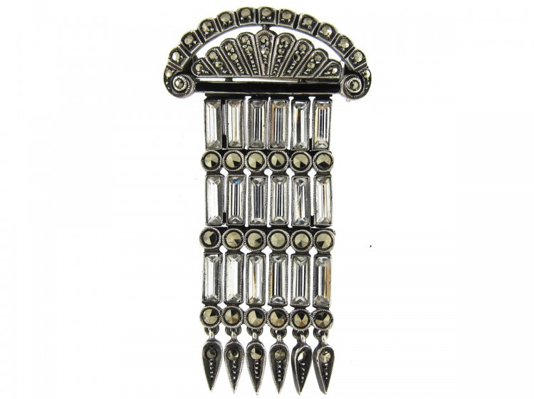 Art Deco Silver, Paste & Marcasite Tassle Brooch