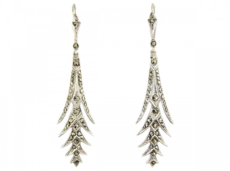 Art Deco Silver Palm Frond Drop Earrings
