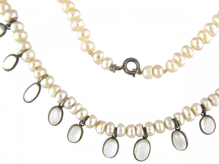 Pearl Necklace with Moonstone Drops