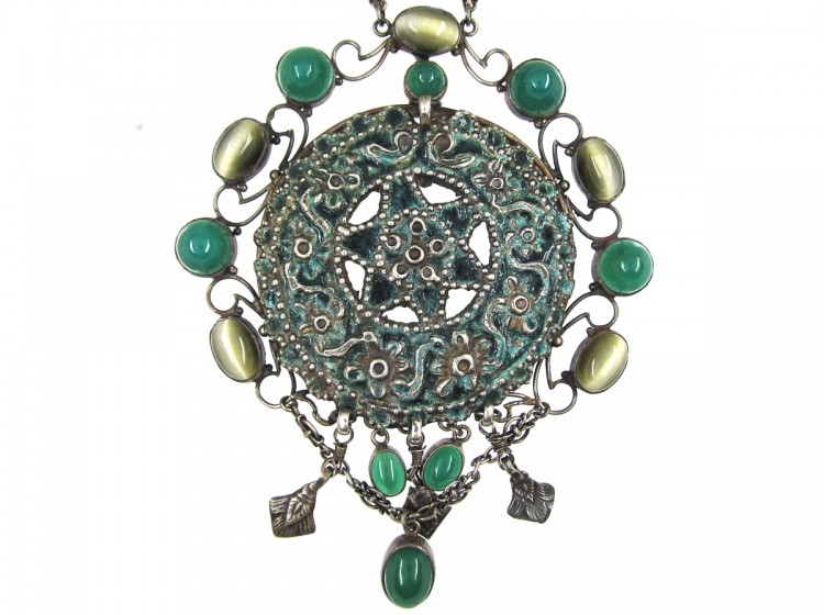 Large Arts & Crafts Silver, Chalcedony, Cat's Eye & Enamel Necklace