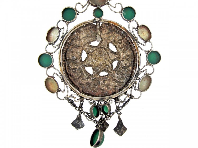 Large Arts & Crafts Silver, Chalcedony, Cat's Eye & Enamel Necklace