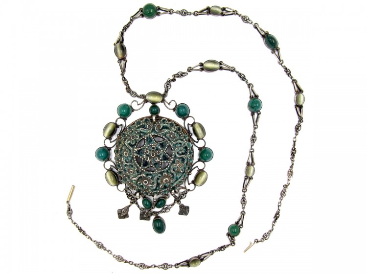 Large Arts & Crafts Silver, Chalcedony, Cat's Eye & Enamel Necklace