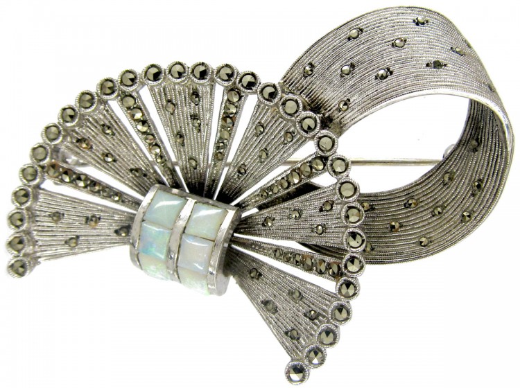 Theodor Fahrner Silver, Marcasite & Opal Brooch