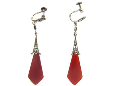Art Deco Marcasite Drop Silver Carnelian Earrings