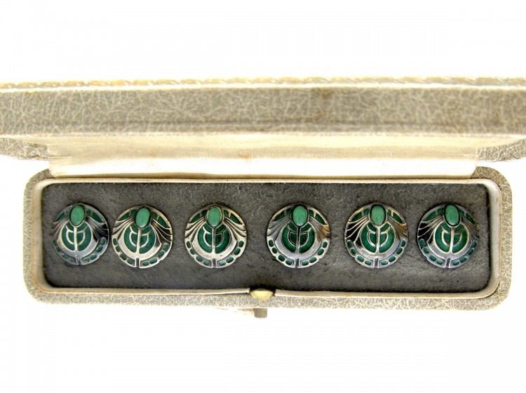 Theodor Fahrner Style Silver, Enamel & Chalcedony Buttons