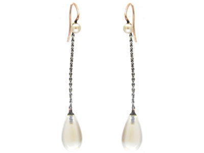 Moonstone & Pearl Drop Earrings with Platinum Chain