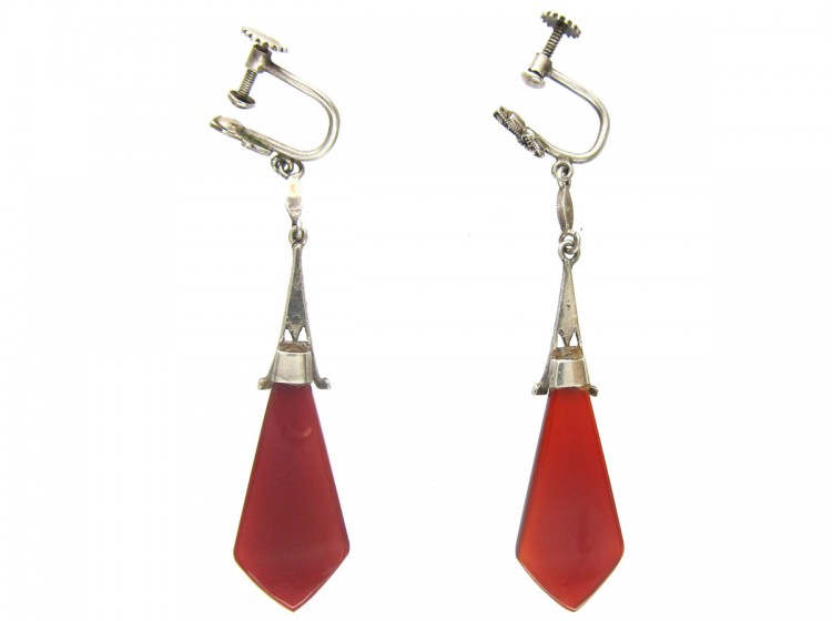 Art Deco Marcasite Drop Silver Carnelian Earrings