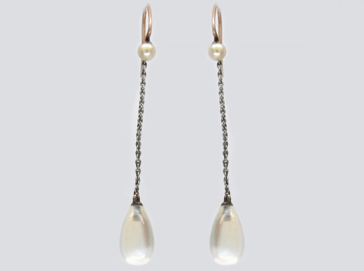 Moonstone & Pearl Drop Earrings with Platinum Chain