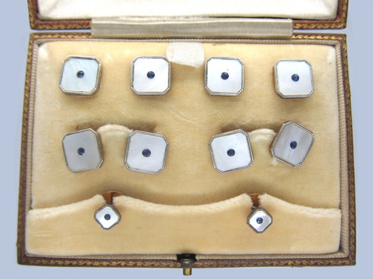 Art Deco 9ct White & Yellow Gold Dress Set, set with Mother of Pearl & Sapphires