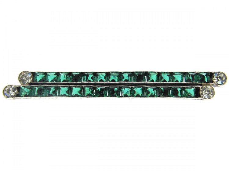 Art Deco Silver, Green & White Paste Brooch