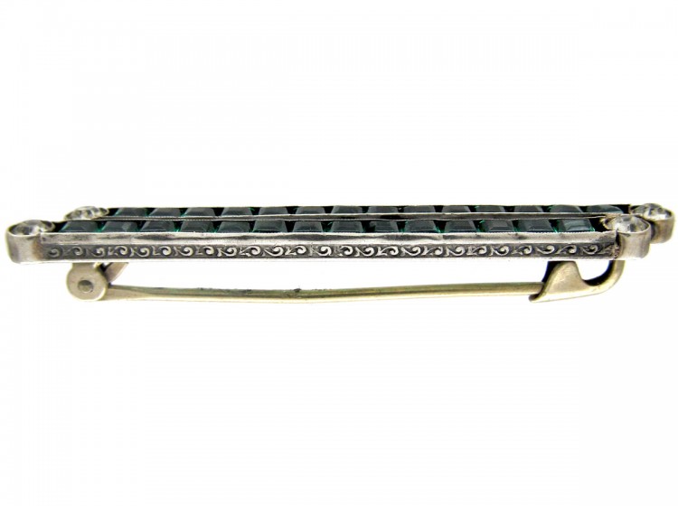 Art Deco Silver, Green & White Paste Brooch