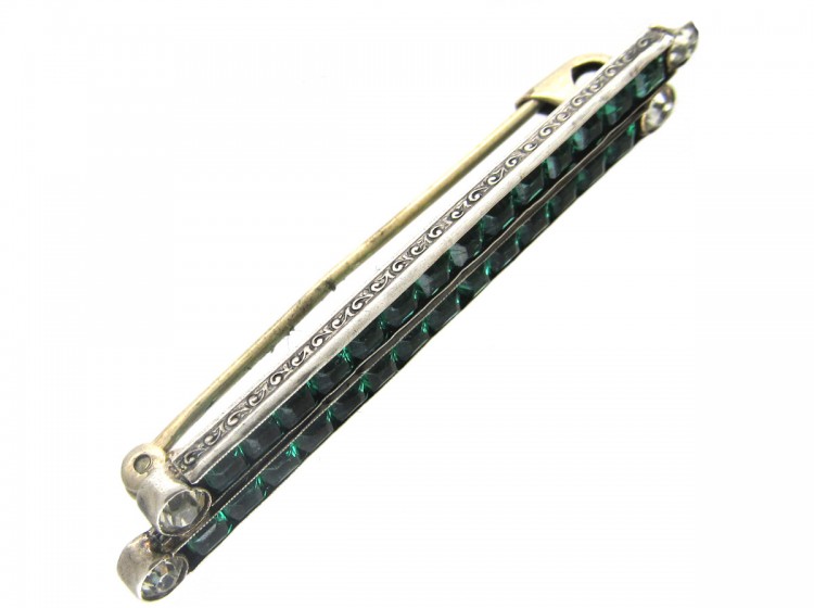 Art Deco Silver, Green & White Paste Brooch