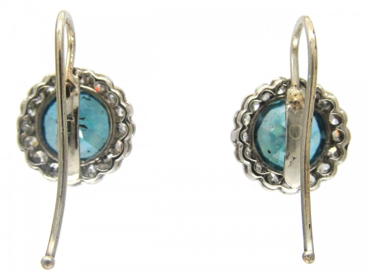 Edwardian Blue Zircon & Diamond Cluster Earrings