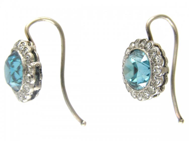 Edwardian Blue Zircon & Diamond Cluster Earrings