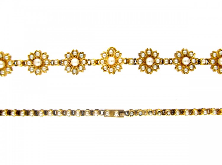 Victorian 15ct Gold & Natural Split Pearl Flower Necklace