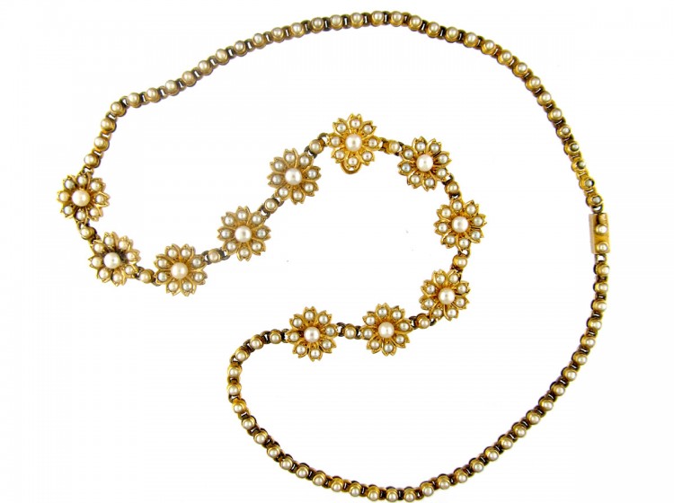 Victorian 15ct Gold & Natural Split Pearl Flower Necklace