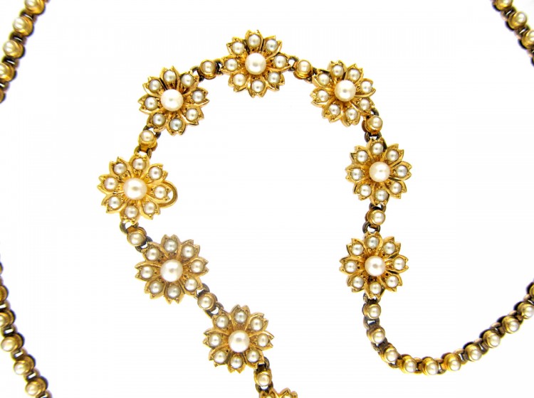 Victorian 15ct Gold & Natural Split Pearl Flower Necklace