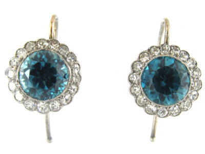 Edwardian Blue Zircon & Diamond Cluster Earrings
