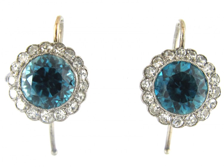 Edwardian Blue Zircon & Diamond Cluster Earrings