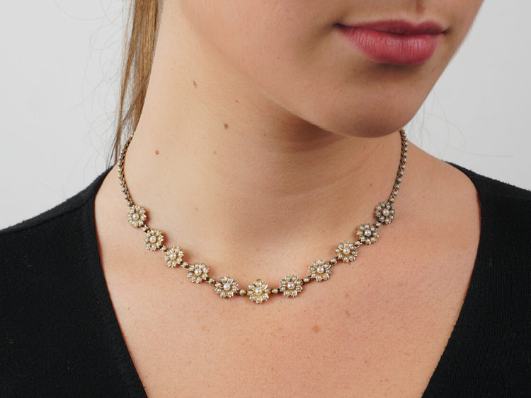 Victorian 15ct Gold & Natural Split Pearl Flower Necklace