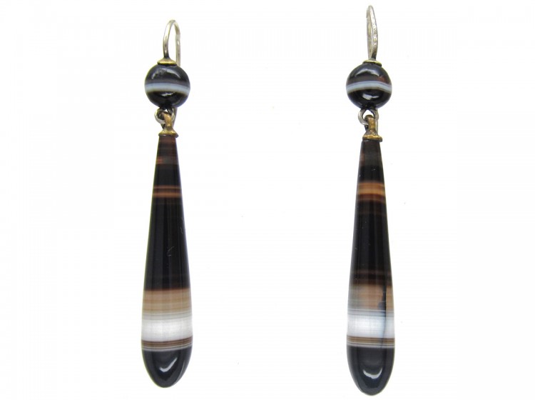 Victorian Silver Banded Sardonyx Drop Earrings