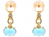 18ct Gold Blue Topaz, Diamond & Pearl Earrings by Bulgari