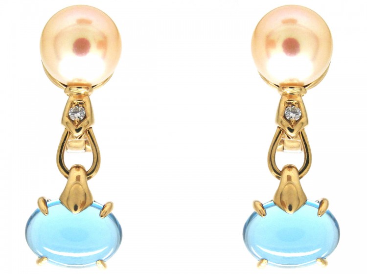 18ct Gold Blue Topaz, Diamond & Pearl Earrings by Bulgari