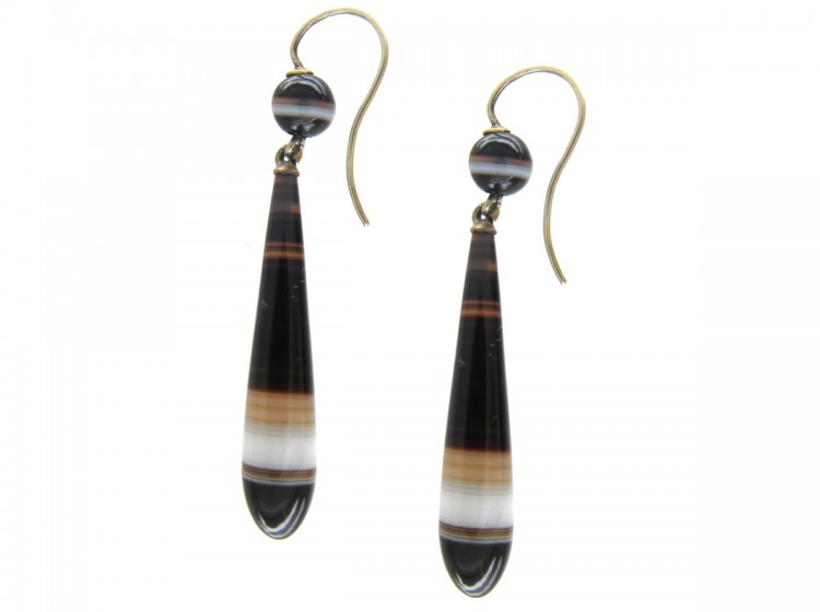 Victorian Silver Banded Sardonyx Drop Earrings