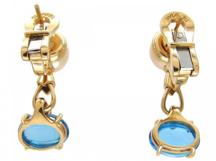 18ct Gold Blue Topaz, Diamond & Pearl Earrings by Bulgari