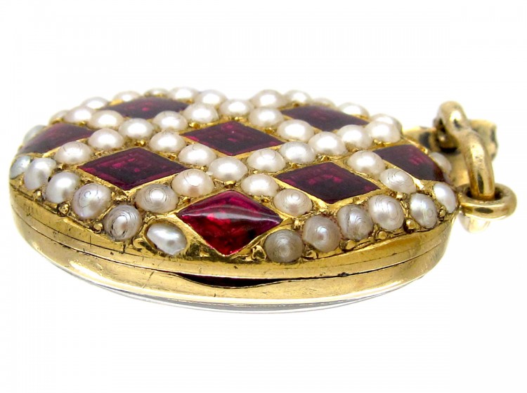 18ct Gold Victorian Strawberry Red Enamel & Natural Split Pearl Locket Pendant