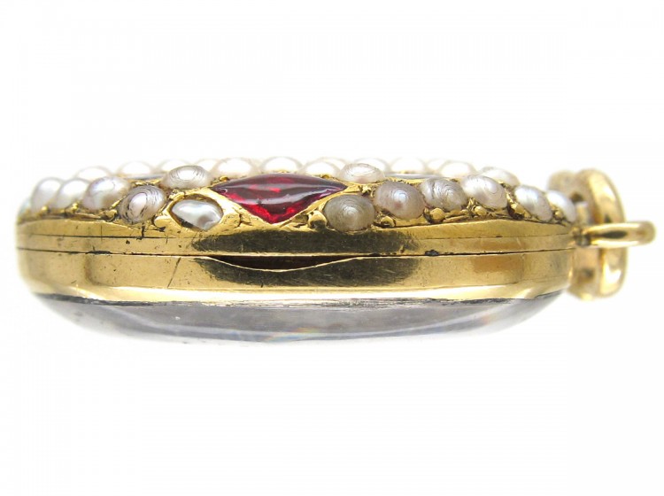 18ct Gold Victorian Strawberry Red Enamel & Natural Split Pearl Locket Pendant